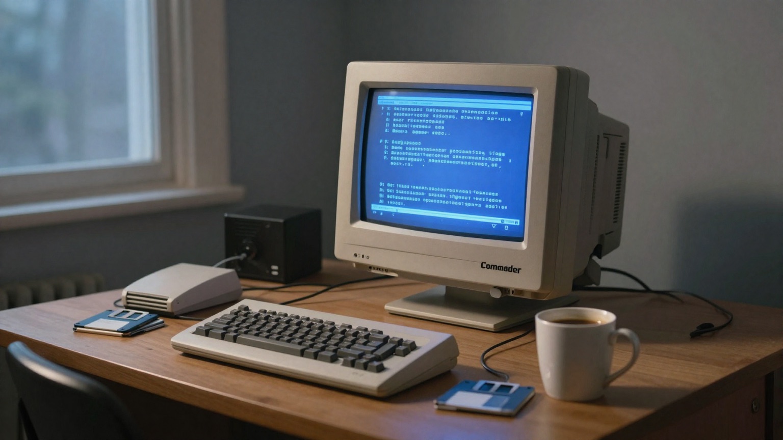 Ein Commodore 64 mit Röhrenmonitor auf einem Holzschreibtisch