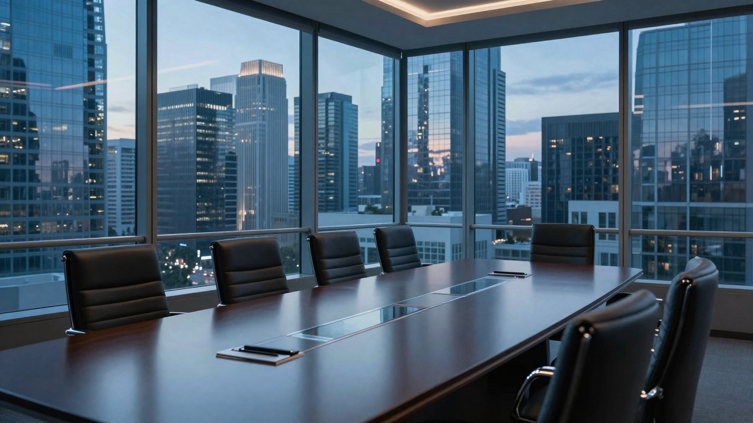 Moderner Konferenzraum mit Blick auf eine Skyline aus Glastürmen