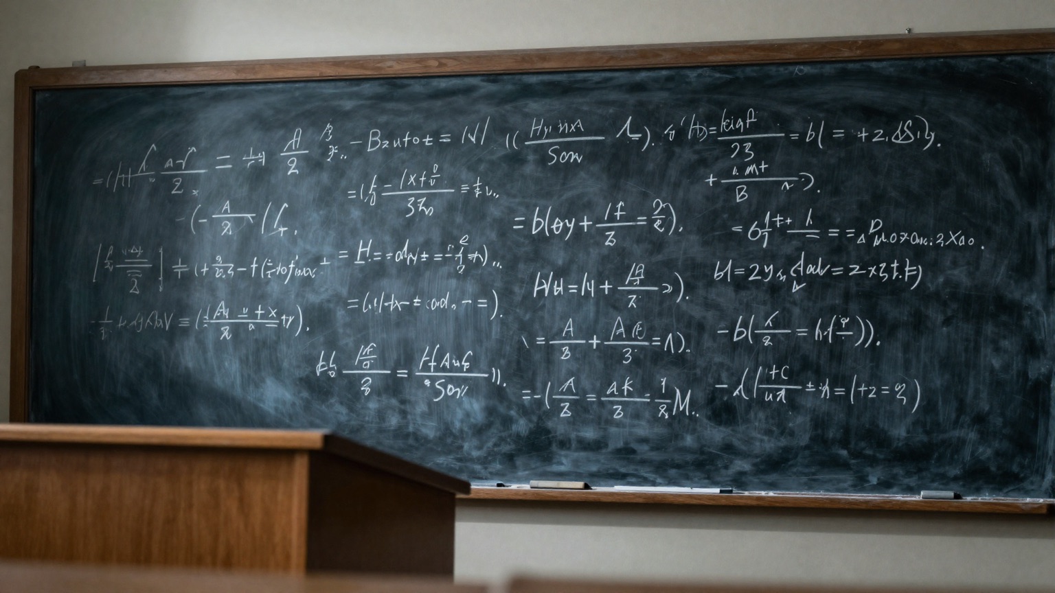 Tafel mit handschriftlichen kryptographischen Gleichungen in einem Hörsaal